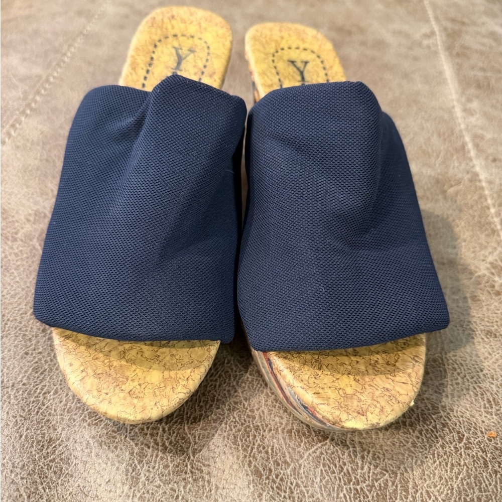 Navy Blue Slide Wedges with Cork Sole